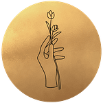 Gezeichnete Hand die eine Blume greift in einem goldenen Kreis